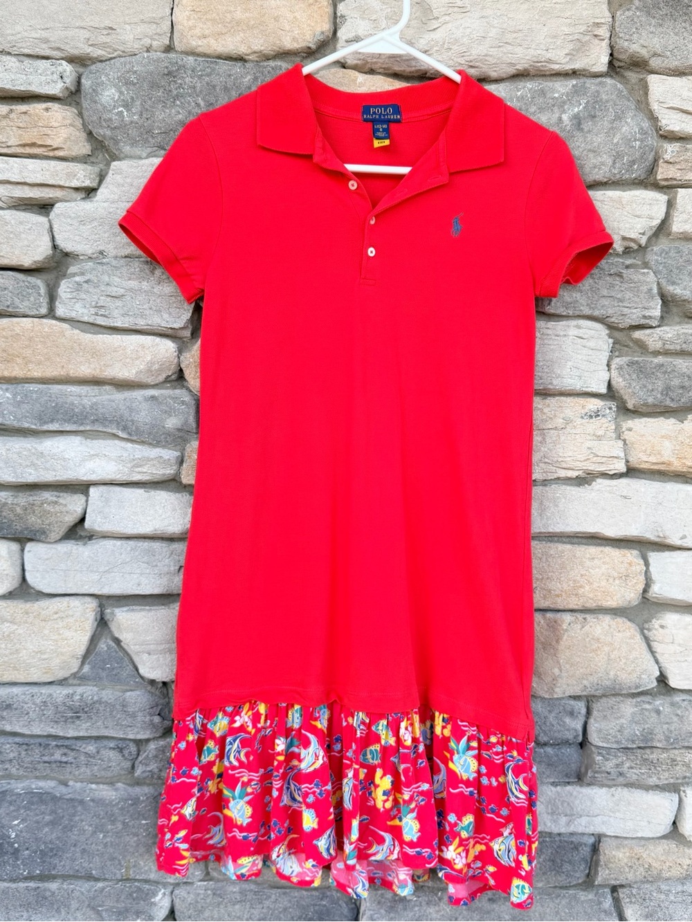 Polo Ralph Lauren Girls Red Polo Dress Fish Print Ruffle Hem Size L 12-14